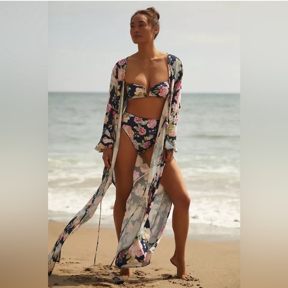 Maaji Floral Aubree Kimono Maxi Dress Cover Up in Navy Midnight Garden - Picture 2 of 9